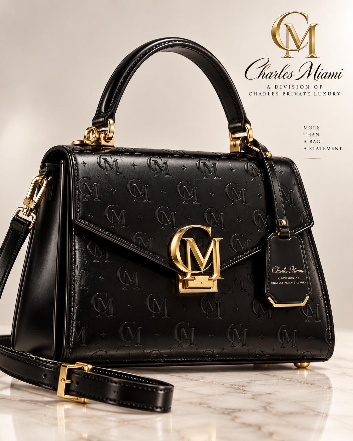 Charles Miami black monogram leather handbag with gold CM clasp