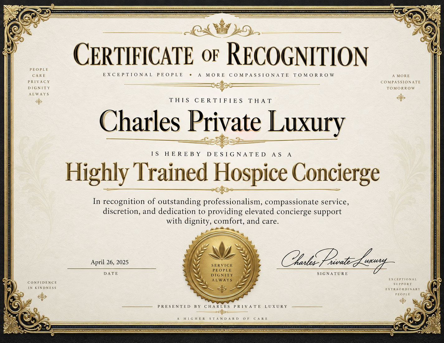 Charles Private Luxury internal certificate of recognition for completed concierge training
