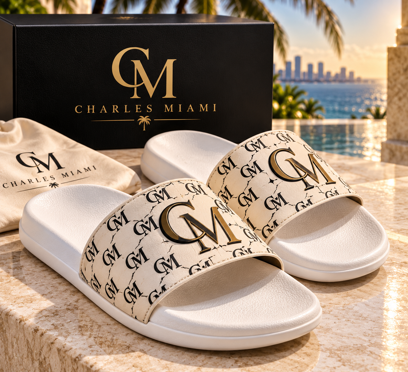 Charles Miami ivory monogram slides with gold CM emblem beside a black gift box