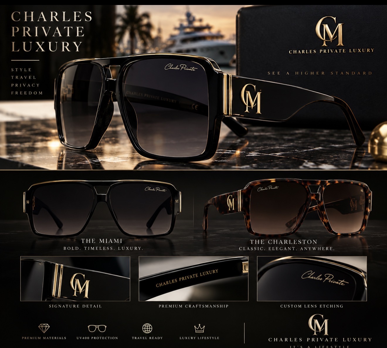 Charles Private Luxury sunglasses in black and tortoise with gold CM detail