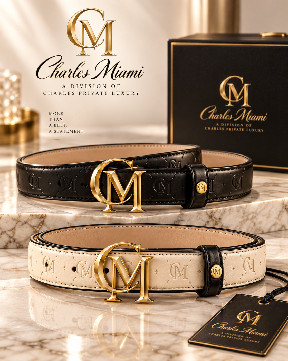 Charles Miami black and cream embossed leather belts with gold CM buckles