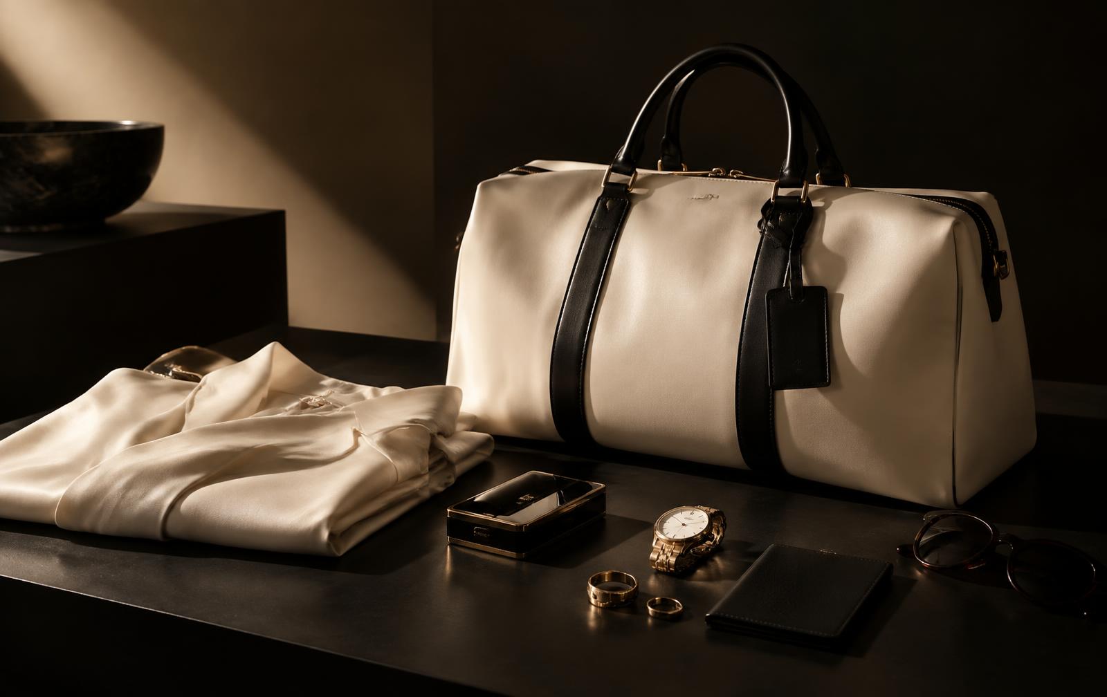 Cream and black luxury travel goods in a dark editorial still life