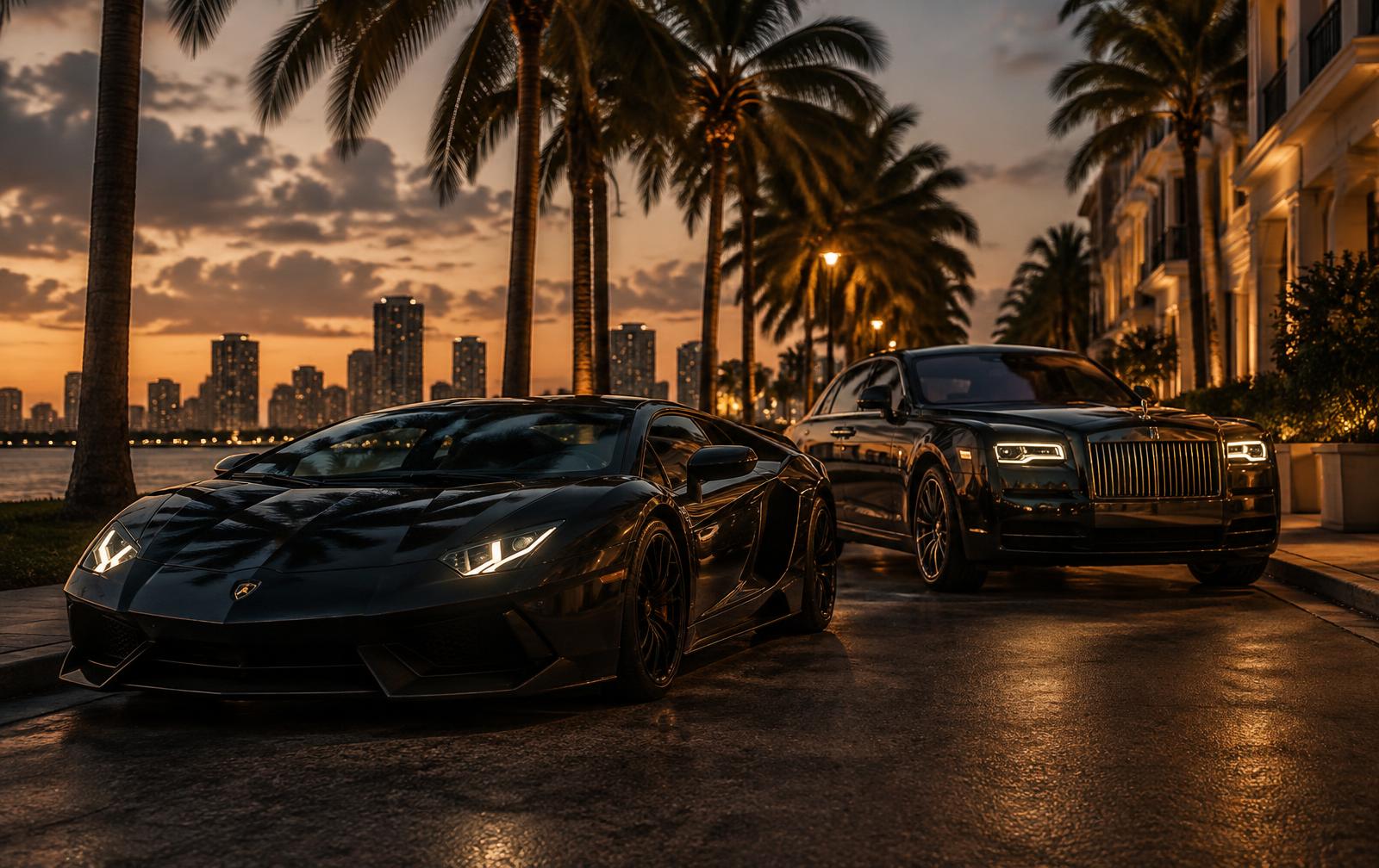 Dark exotic sports car and luxury sedan beneath Miami palms at dusk