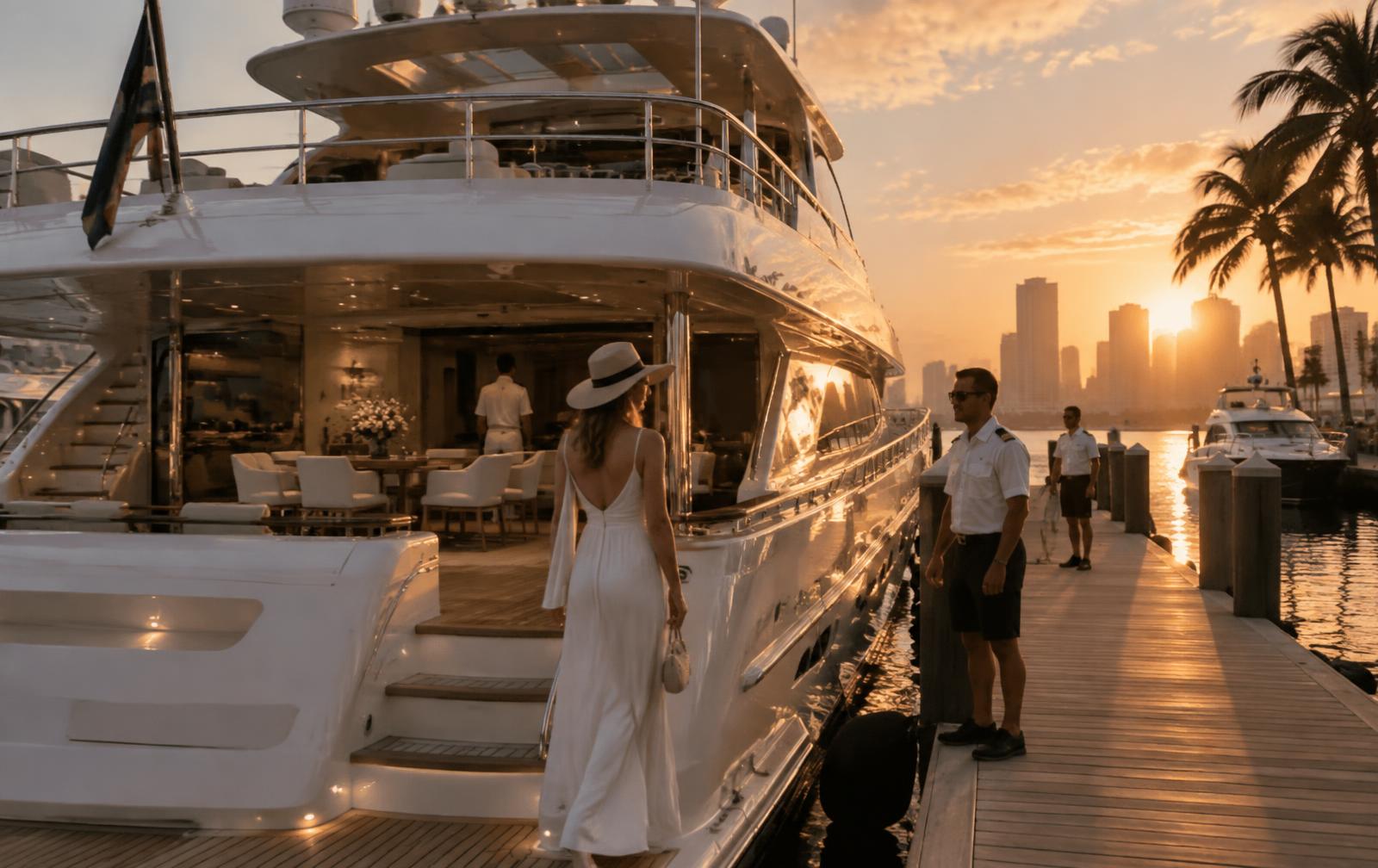 Guest boarding a motor yacht at a private Miami marina at golden hour