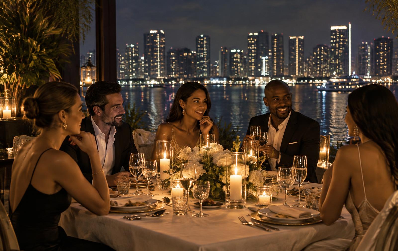 Elegant waterfront private dining table overlooking Biscayne Bay at night