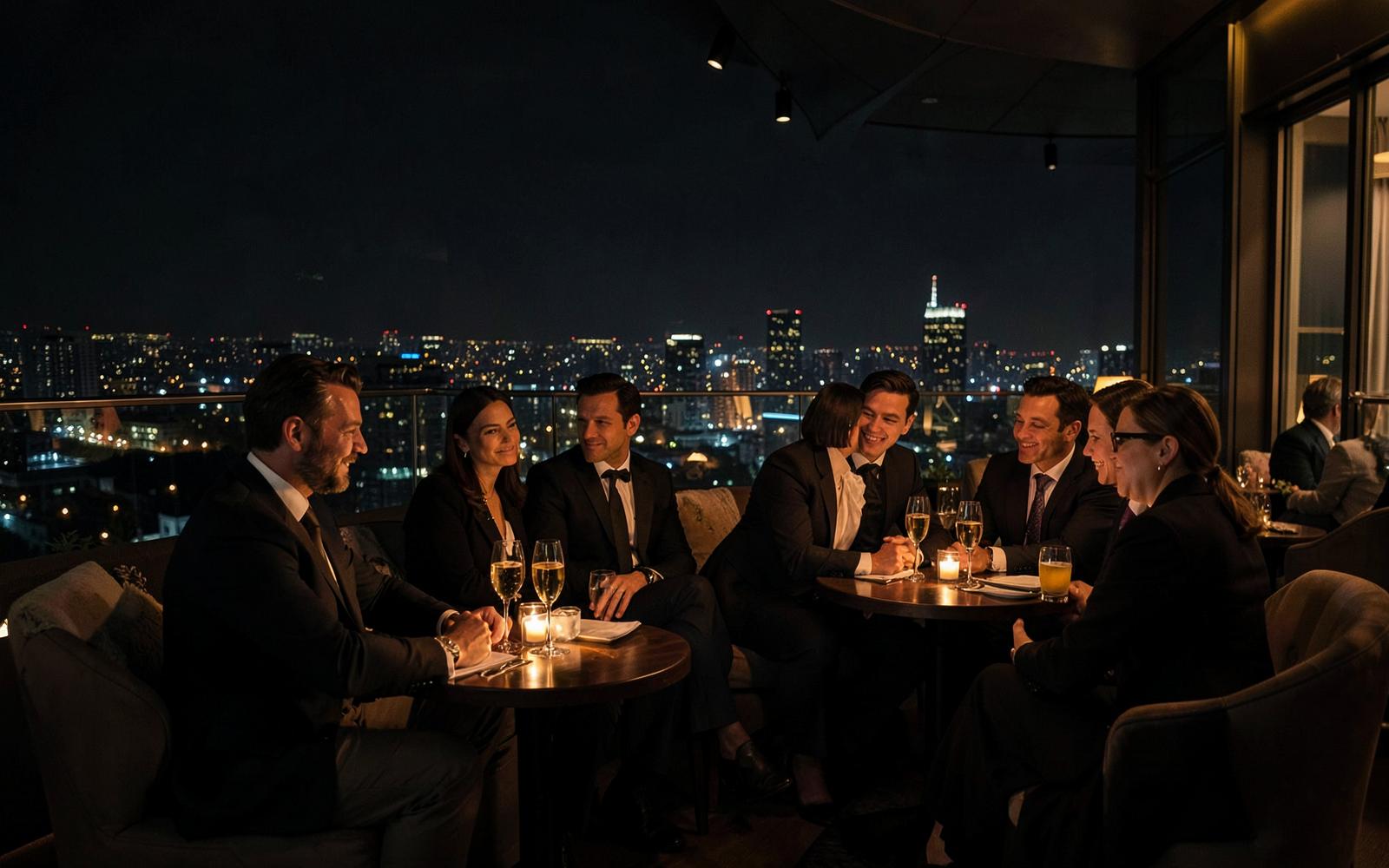 Guests at an upscale rooftop lounge overlooking a city skyline at night