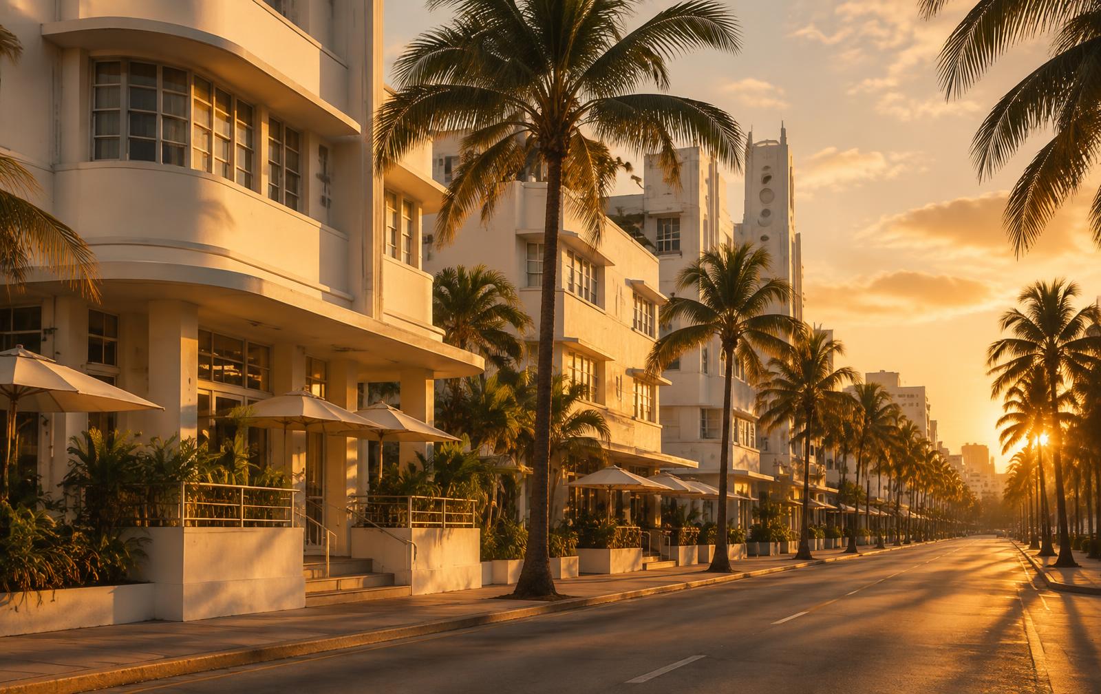 South Beach Miami art deco facades at golden hour