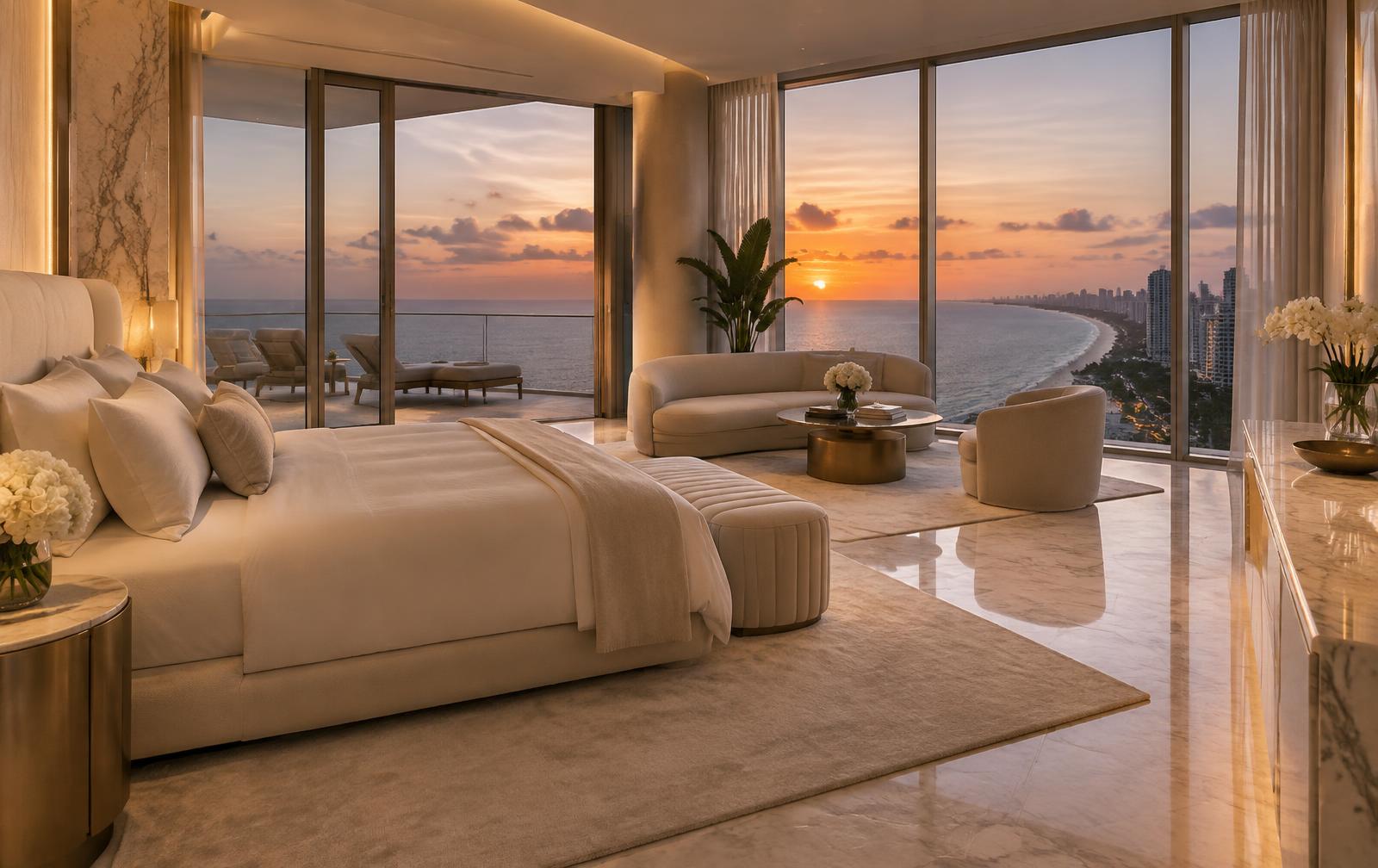Oceanfront Miami Beach penthouse suite at sunset